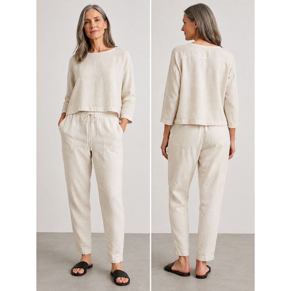 Eileen Fisher Linen Blend Tapered Jogger Pants Women’s Large Ivory Cream Pull On